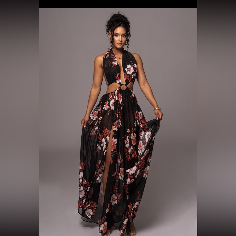 Red Floral Nicoletta Chiffon Maxi Dress